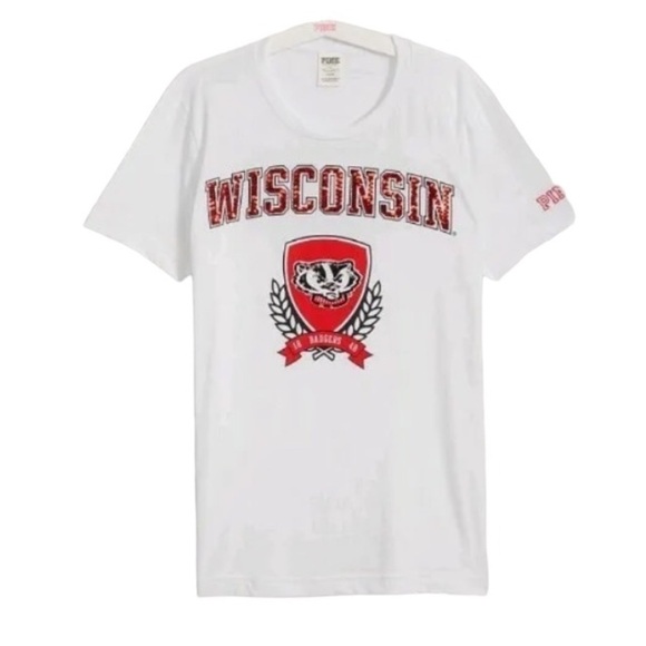 Pink VS Collegiate Collection WISCONSIN BADGERS White Crew Neck Tee Sz. M BLING - Picture 1 of 8